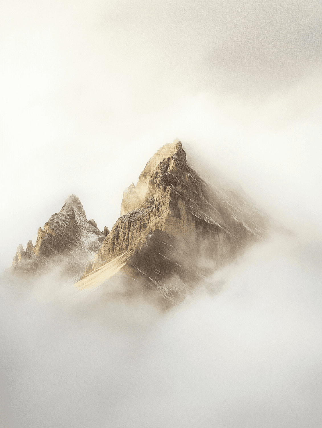 A mountain peak rising through clouds in golden light
