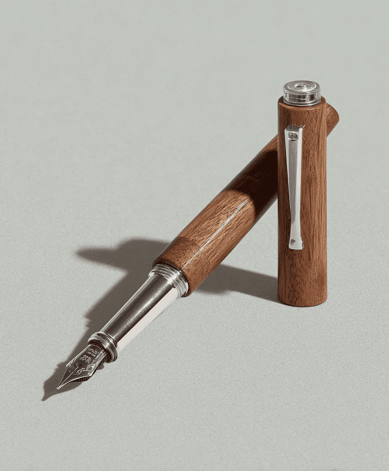 Close-up of an elegant wooden fountain pen with a polished metal nib