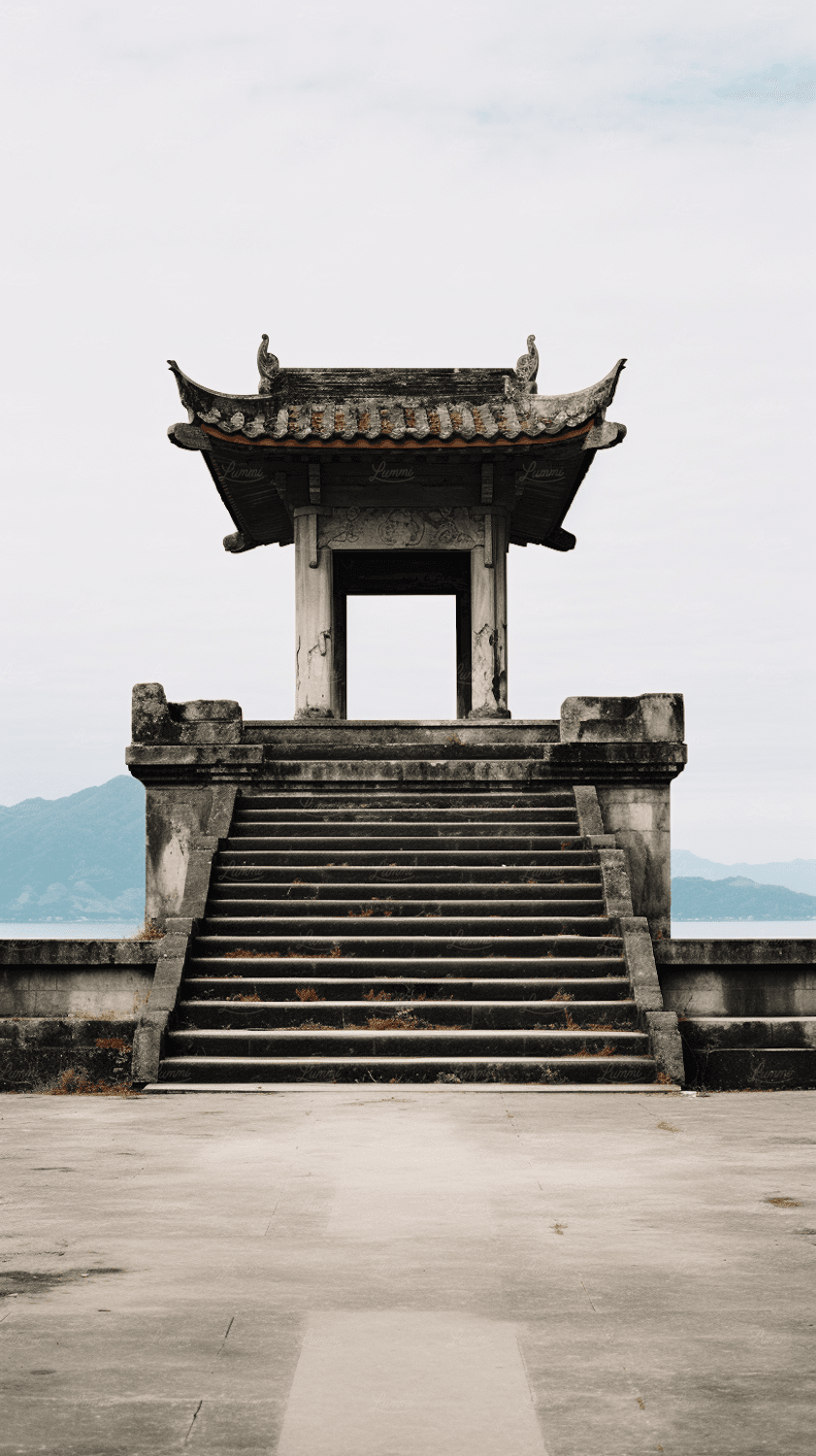 A traditional temple with a tiered roof on stone steps, with mountains behind