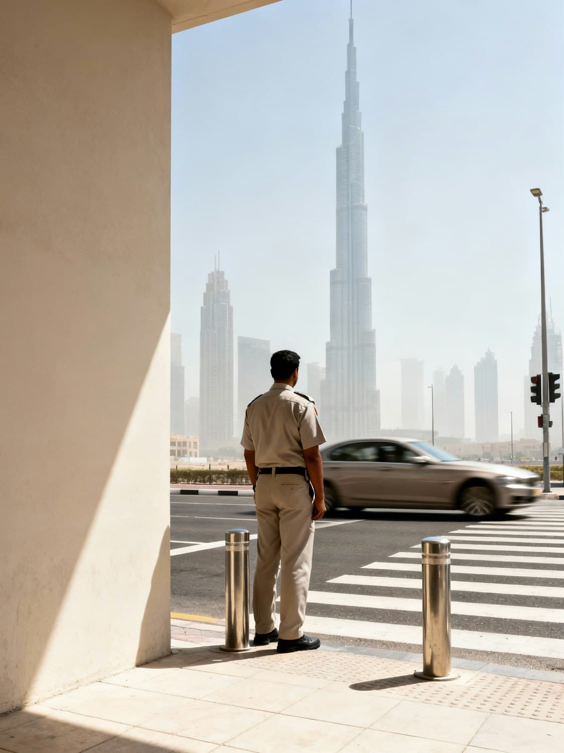 The Burj Khalifa towering over a sunny Dubai street