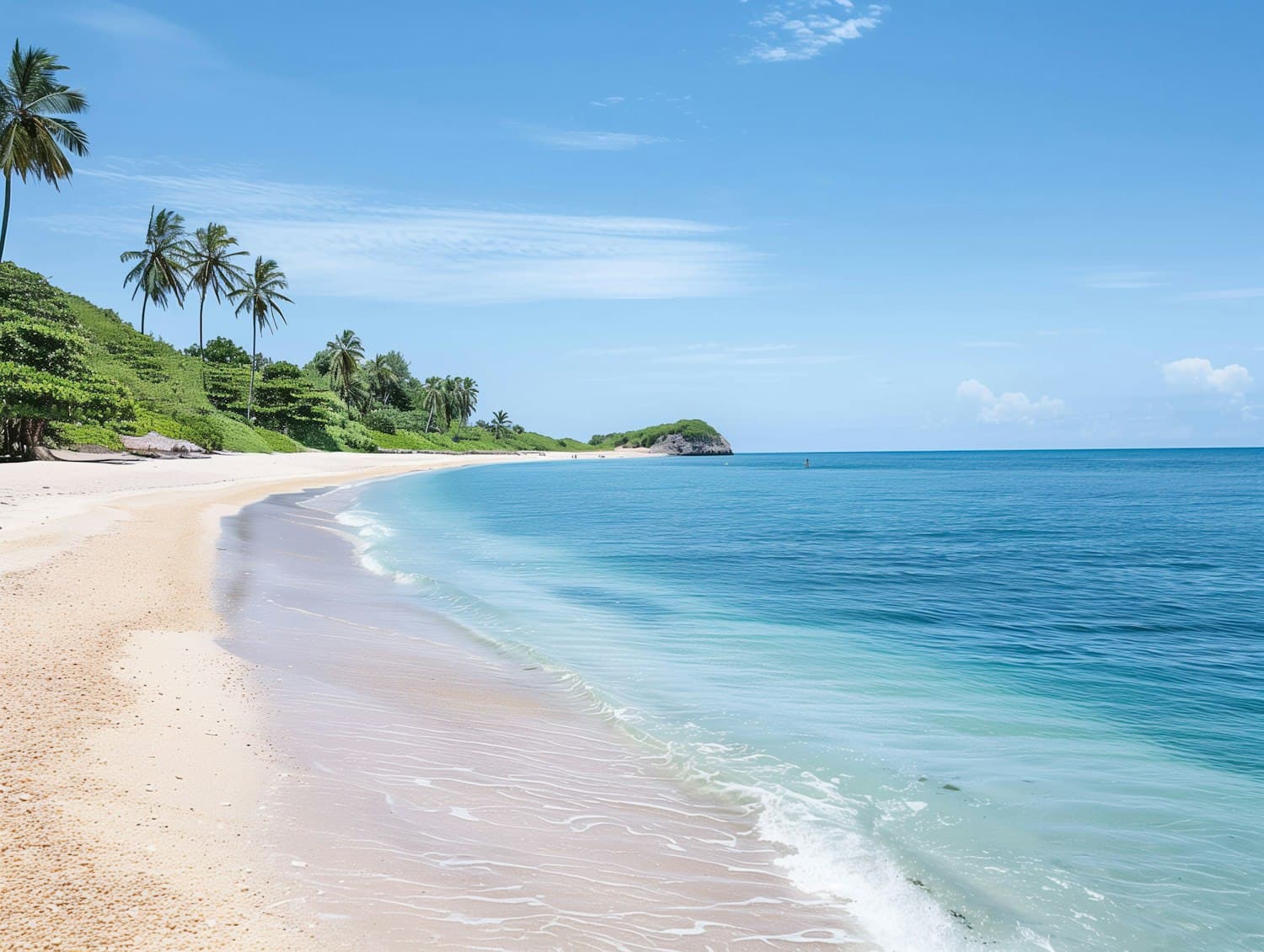 Palm trees above a golden beach and turquoise water under a clear blue sky
