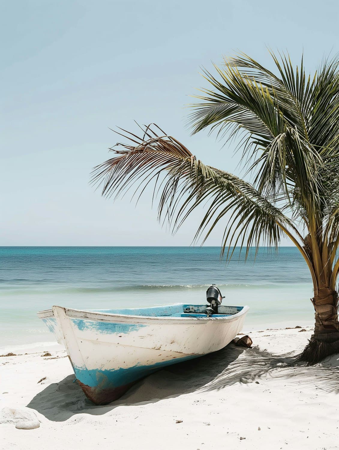 A weathered wooden boat on a white sand beach beside a palm tree and turquoise sea