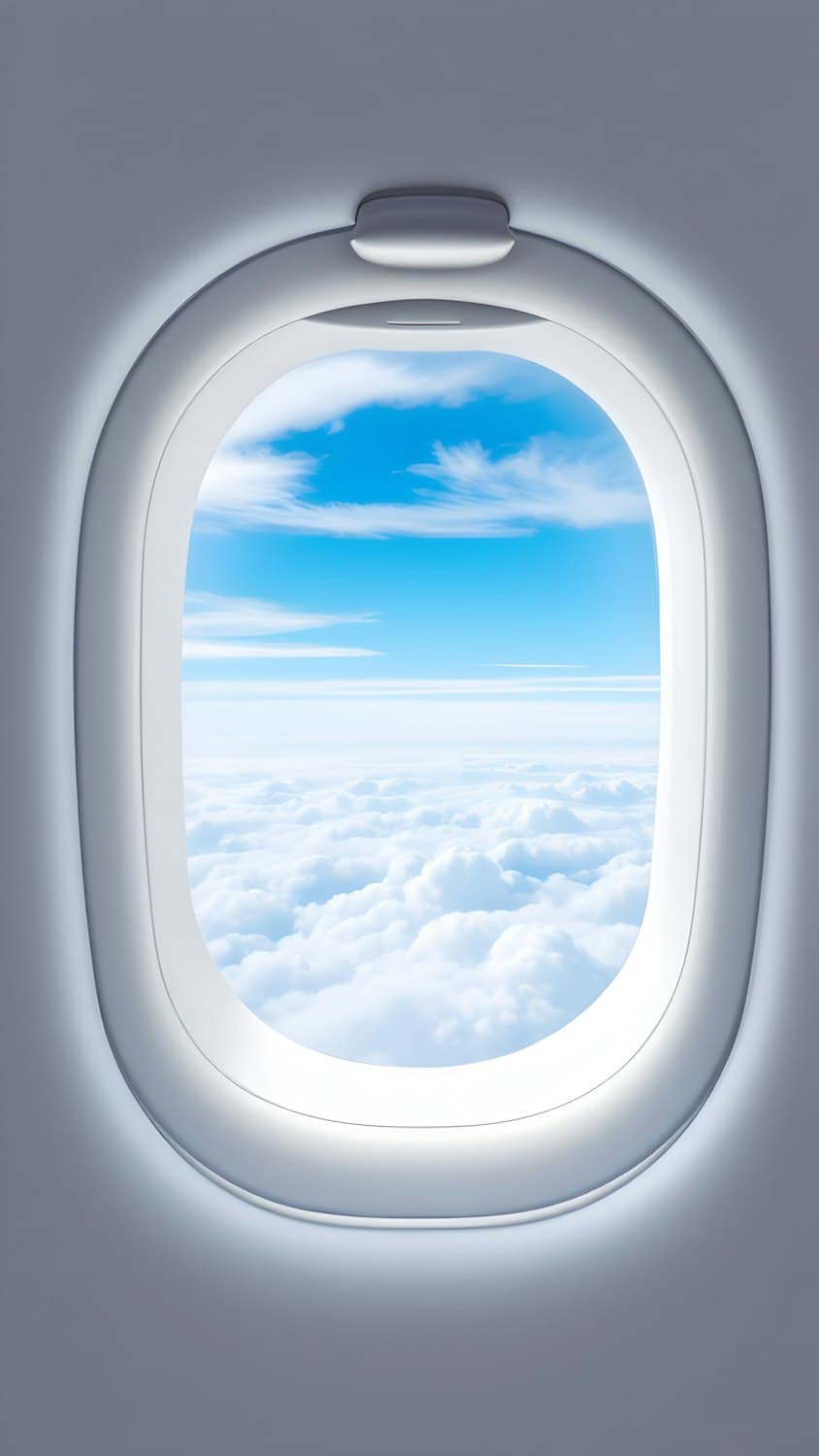 Soft clouds and blue sky seen through an aircraft window