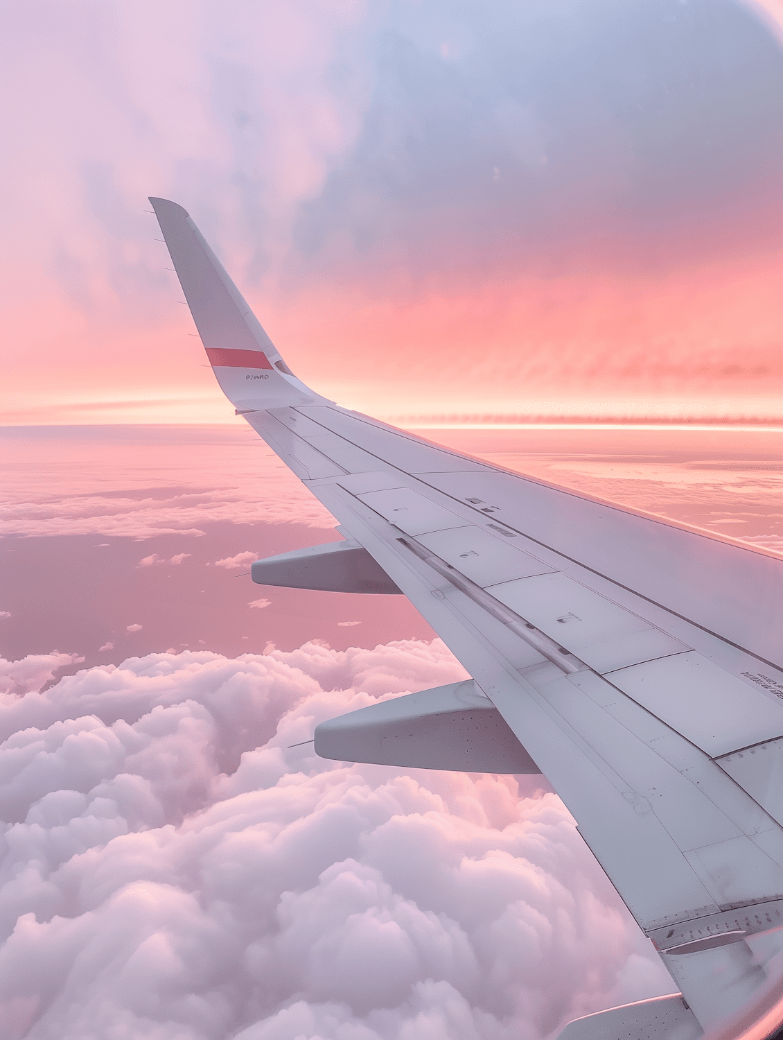 An aircraft wing above soft clouds under a pink and blue sunset sky