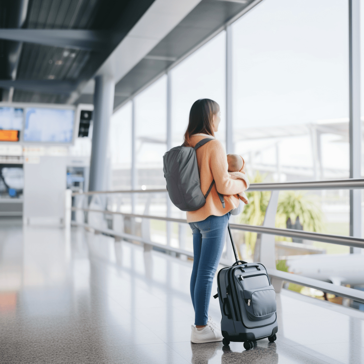 A woman holding a baby beside her luggage, looking out of the window of a bright airport terminal