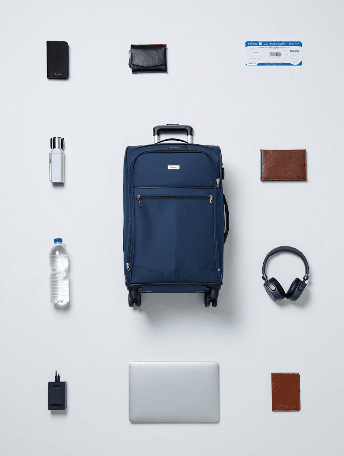 Travel essentials neatly laid out, including a passport holder, laptop, headphones and a blue suitcase